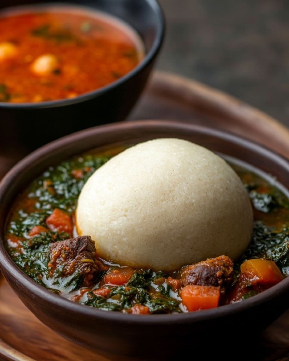 Nigerian fufu with efo riro spinach stew and beef