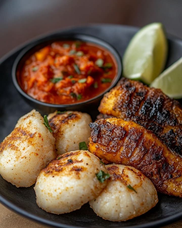 Nigerian masa and boli with tomato sauce